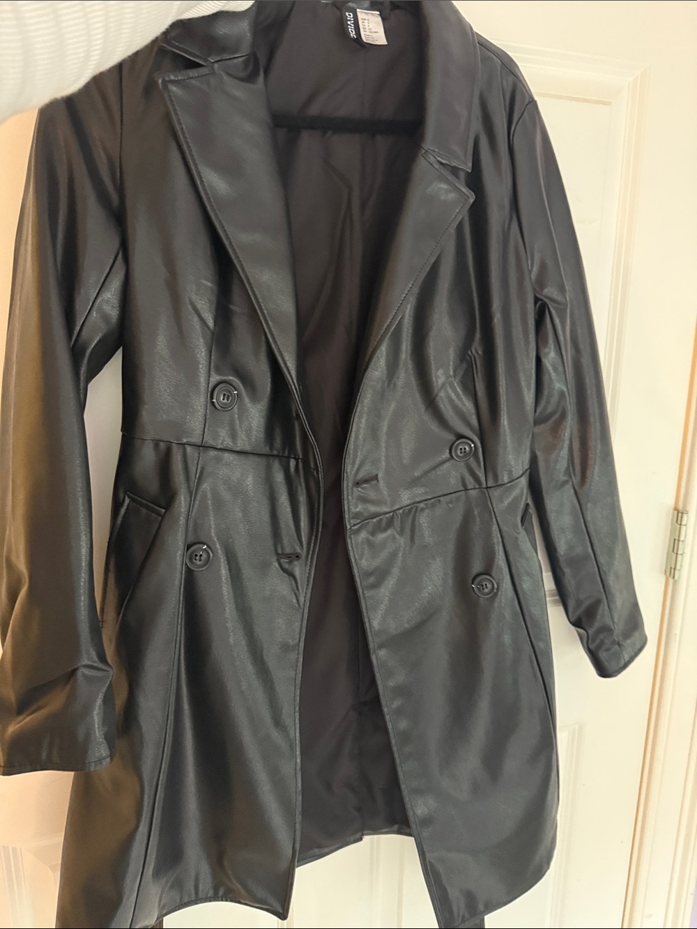 Black Faux Leather Double-Breasted Trench Coat - Women